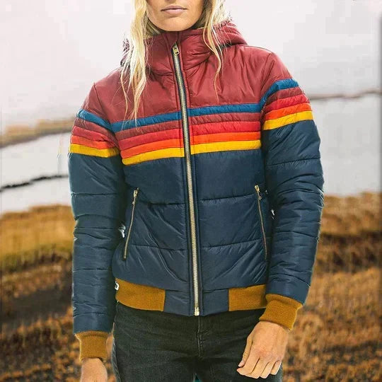 Dam Retro Colorblock Vadderad Jacka med Huva