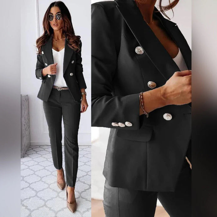 Dam Tvådelad Kostym med Dubbelknäppt Blazer och Slim Fit
