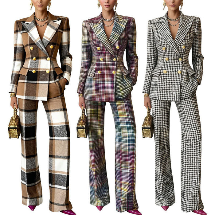 Dam Rutigt Kostymsset Dubbelknäppt Blazer Wide-Leg Byxor