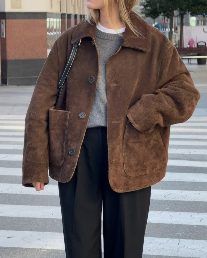 Dam Oversized Teddyjacka med Knappstängning och Stora Fickor