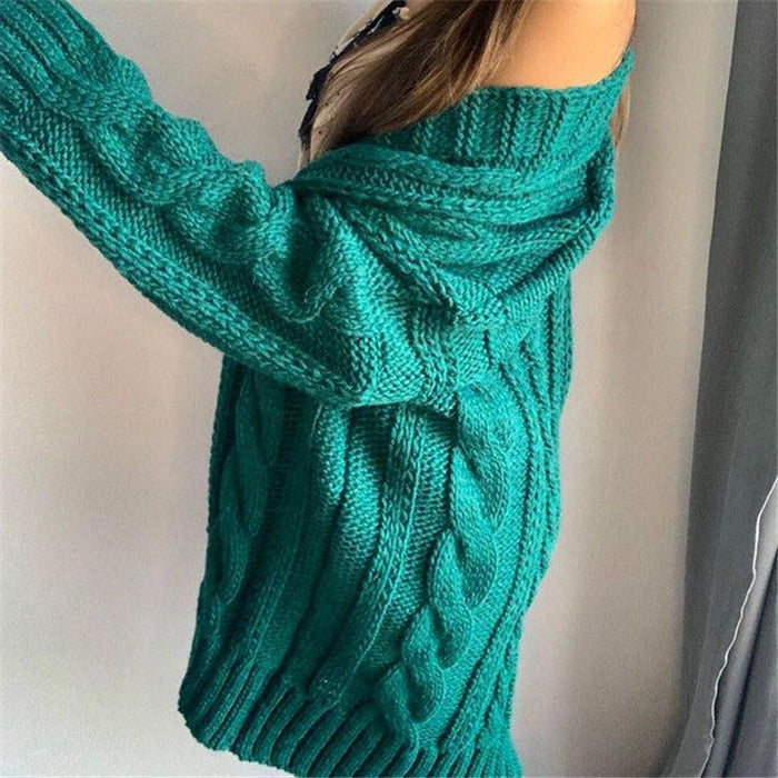 Dam Cable-Stickad Cardigan med Off-Shoulder och Öppen Fram