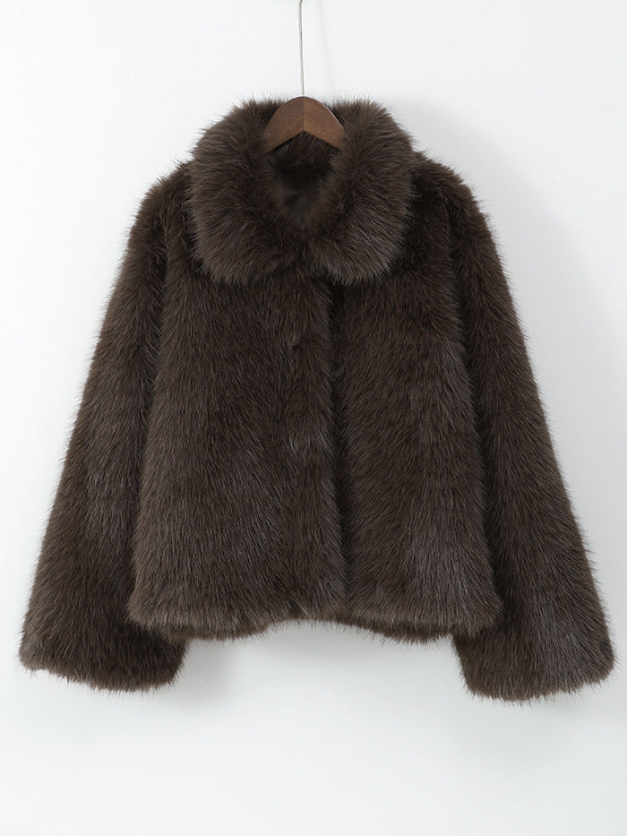 Dam Fluffig Konstpälsjacka med Oversized Krage