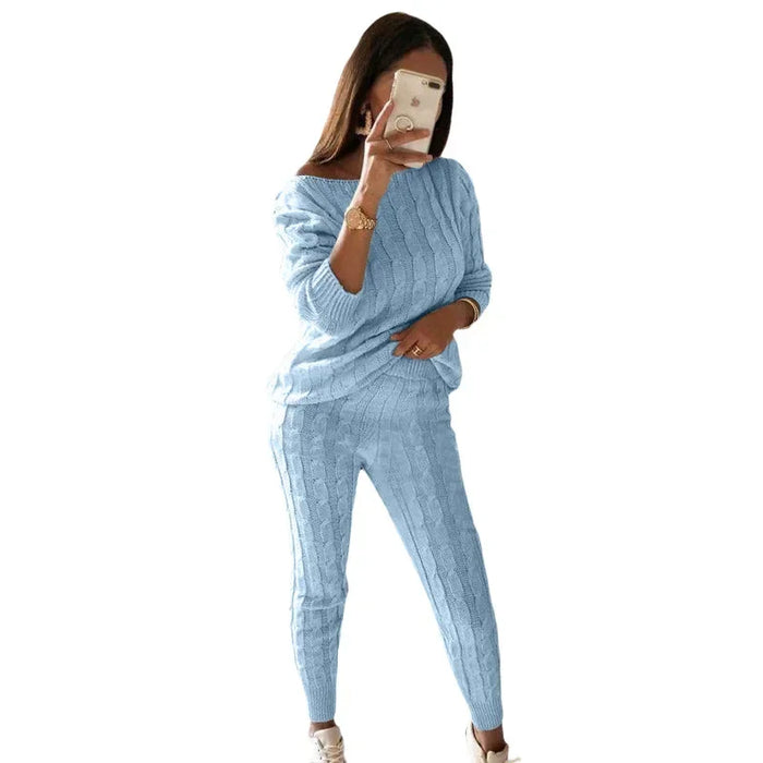 Dam Stickad Lounge套-set med Off-shoulder-topp och Byxor