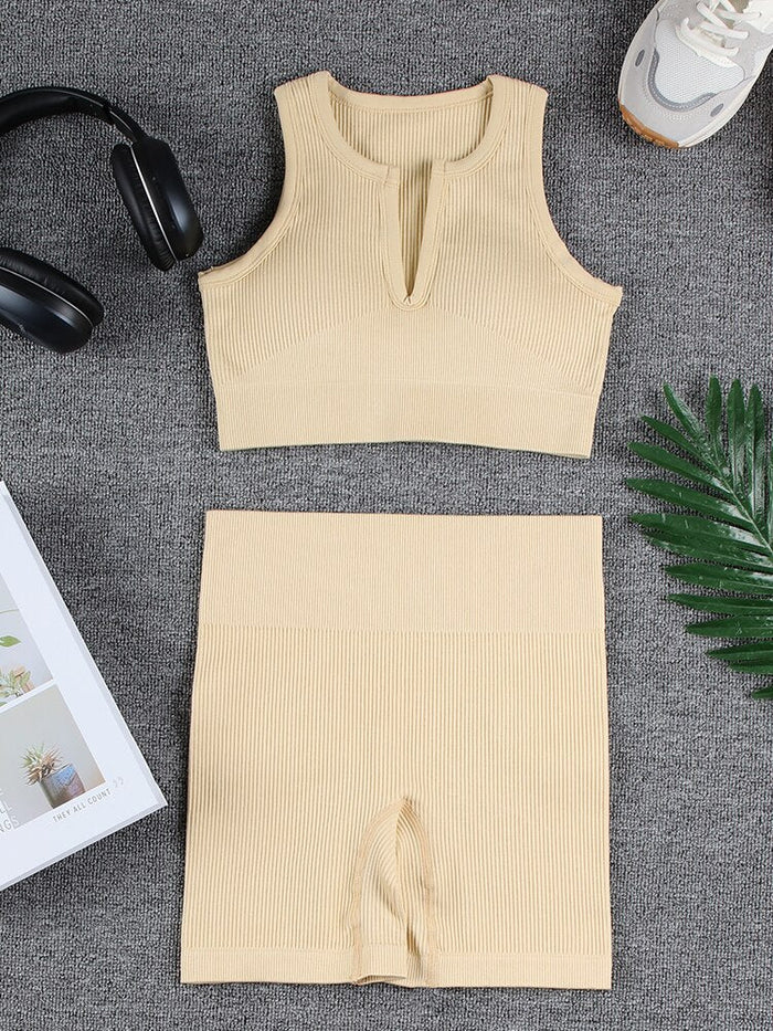 Dam Ribbat Yogaset med Crop Top och Cykelshorts