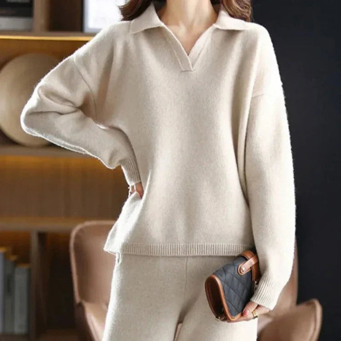Dam Loungewear-set med Krage och Ribbade Muddar