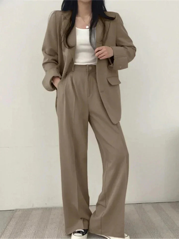 Dam Tvådelad Kostym med Blazer och Vida Byxor