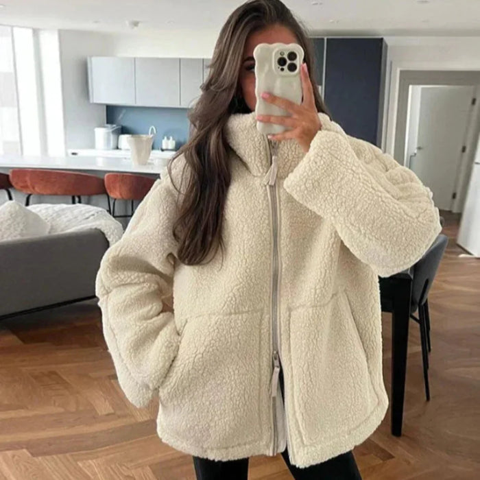 Dam Sherpa Jacka med Dragkedja och Hög Krage