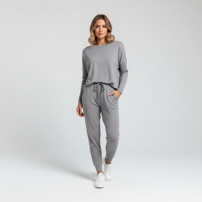 Dam Loungewear Set med Dragsko och Fickor för Hemma
