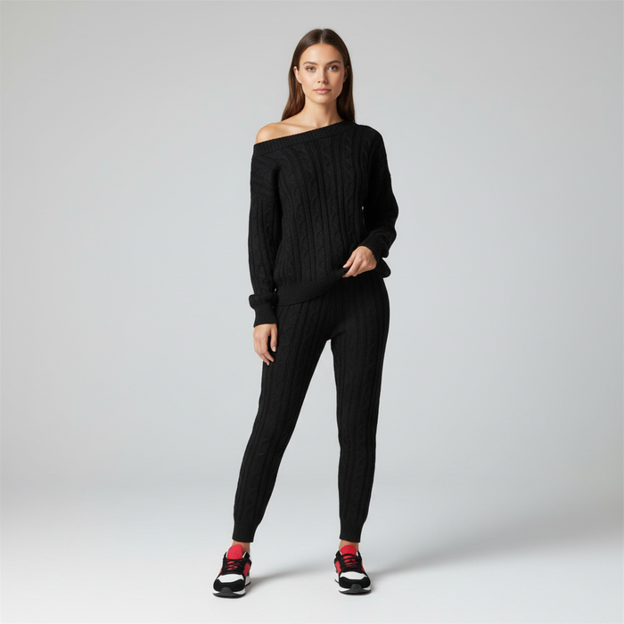 Dam Cable-stickad Set Off-Shoulder Tröja och Byxor