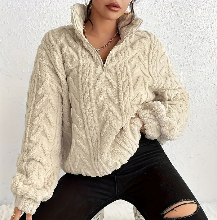 Dam Textured Zip Tröja med Avslappnad Oversized Passform