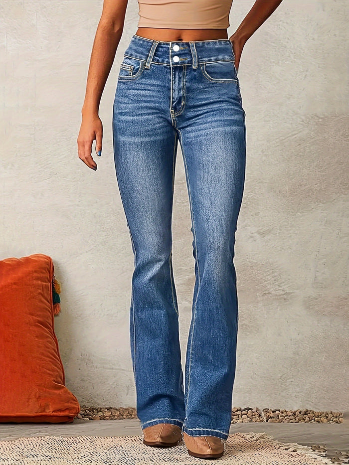 Dam Flared Jeans Hög Midja Tvåknäppning