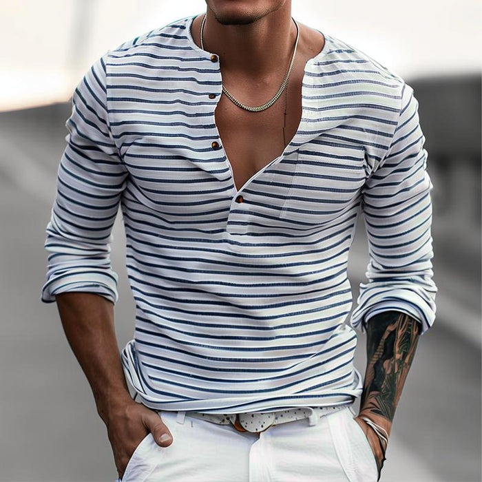 Herr Randig Henley T-Shirt med Långa Ärmar och Knappar