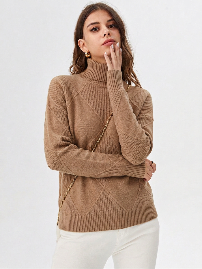 Dam Ribbstickad Turtleneck Tröja med Geometriskt Mönster