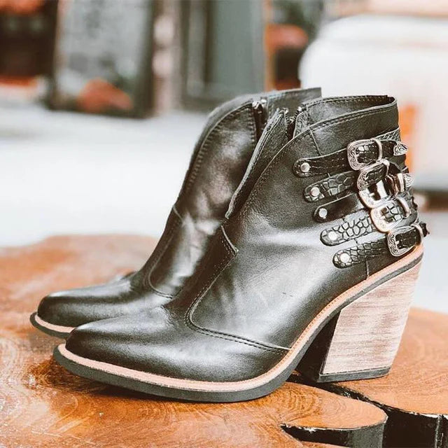 Dam Boots med Spännen och Blockklack