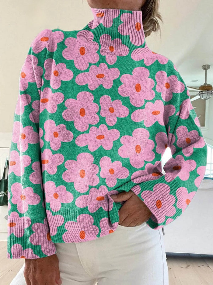 Dam Ribbstickad Tröja med Polokrage och Blommönster